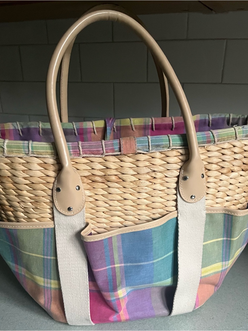 Ralph Lauren Multicolor Pastel Plaid Straw Tote with Cream Leather Handles large - Picture 2 of 7